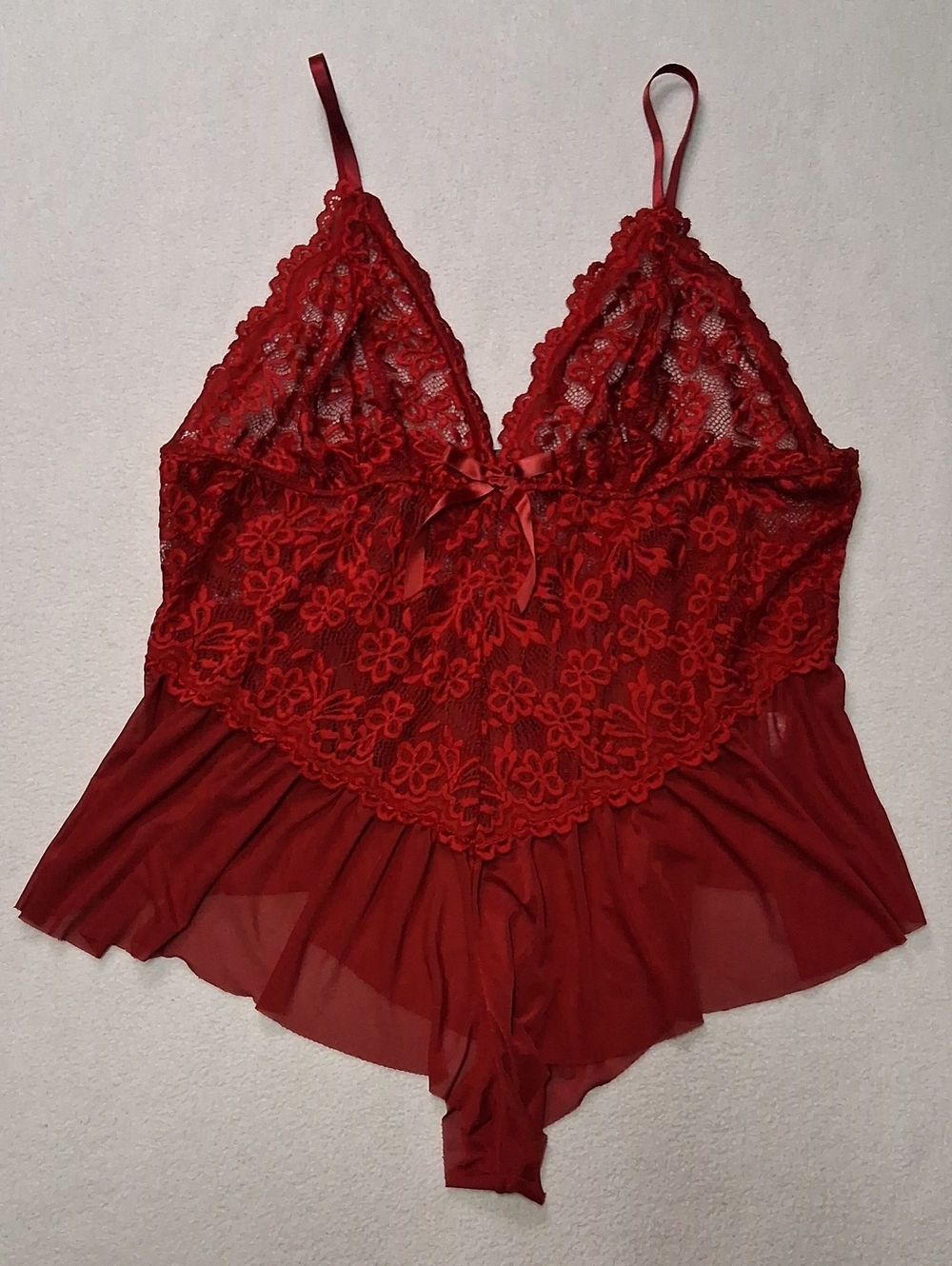 Red Lace Floral Romper Chemise with Sheer Skirt